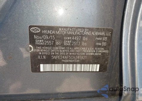 2016 Hyundai Sonata Se from USA, damaged, VIN 5NPE24AF5GH341921